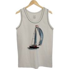 Erkek Askılı Taş Renk T-Shirt Yelkenli Dijital Baskılı