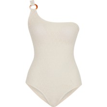 Dantel Dokulu Tek Omuz Aksesuarlı Ekru Mayo