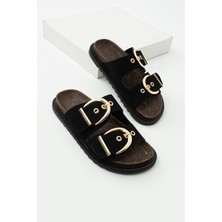 Kadın Toka Detay Günlük Konfor Süet Terlik Siyah Ronda