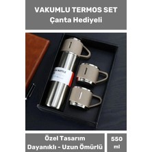 3 Bardaklı Soğuk Sıcak Termos Vakumlu Termos Set Çanta Hediyeli Paslanmaz Çelik 550 ml