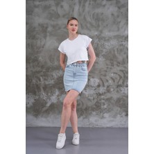 Yüksek Bel Likralı/esne Mini Denim Etek