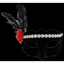 Miraaxx Siyah Renk Süet Kaplama Gümüş Dantelli Kırmızı Gül Tasarımlı Parti Maskesi 18X20 cm (4887)