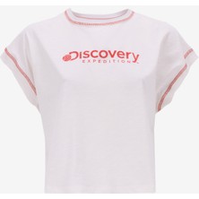 Discovery Expedition D5SL-TST3571 Kırık Beyaz Bisiklet Yaka Relaxed Baskılı Kadın T-Shirt