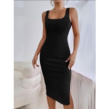 Kare Yaka Kalın Askılı Yırtmaç Detaylı Kaşkorse Dokuma Pamuk Kumaş Kadın Elbise