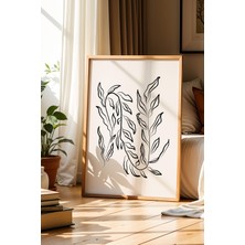 Artiera Botanik Çizim Siyah Beyaz Minimalist Doğal Ahşap Çerçeveli Duvar Tablosu
