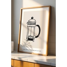 Artiera Lagom French Press Çizimi Doğal Ahşap Çerçeveli Mutfak Duvar Tablosu