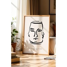 Artiera Soyut Yüz Minimalist Çizim Kahverengi Bohem Doğal Ahşap Çerçeveli Duvar Tablosu