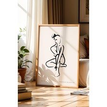 Artiera Kadın Figürü Çizimi Siyah Beyaz Bohem Doğal Ahşap Çerçeveli Duvar Tablosu