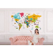 Marsilyan- Türkçe Dünya Haritası Dekoratif Kanvas Tablo Ülke-Başkentli Öğretici ve Sembollü 2316