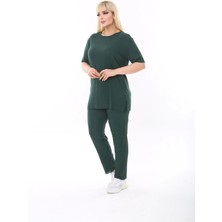 Kadın Kısa Kollu Beli Lastikli Yırtmaçlı Rahat Kalıp Ikili Kaşkorse Takım