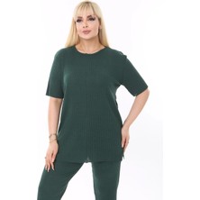 Kadın Kısa Kollu Beli Lastikli Yırtmaçlı Rahat Kalıp Ikili Kaşkorse Takım