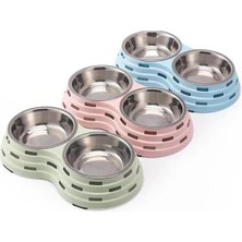 Glipet Kesikli Çelik Hazneli Ikili Mama ve Su Kabı 41.5X22X7 cm Büyük Boy Pembe