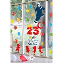 23 Nisan Temalı Bayraklı Çift Taraflı Baskılı Sticker Seti, Atatürk ve Çocuk Cam Sticker