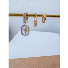 Leyya Jewelry Beyaz Mineli Kutup Yıldızlı Zirkon Taşlı Üçlü Set Küpe