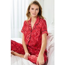 Kadın Maskülen Önden Düğmeli Gömlek Yakalı Pamuk Saten Dokuma Göğüs Cepli Kısa Kol Pijama Takımı