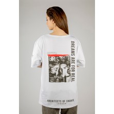 77 Woxxo Dreams Are For Real Baskılı Unisex Oversize T-Shirt -Beyaz Lycralı Modal/pamuk