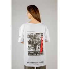 77 Woxxo I Want The Whole World On Nothing  Baskılı Unisex Oversize T-Shirt -Beyaz Lycralı Modal/pamuk