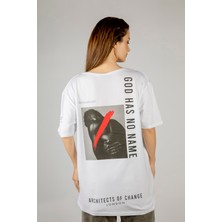 77 Woxxo God Has No Name  Baskılı Unisex Oversize T-Shirt -Beyaz Lycralı Modal/pamuk