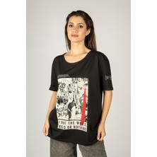 77 Woxxo I Want The Whole World On Nothing  Baskılı Unisex Oversize T-Shirt -Siyah Lycralı Modal/pamuk