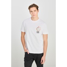 %100 Pamuk Regular Fit Normal Kesim Bisiklet Yaka Baskılı Beyaz Tişört