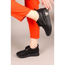Fluff Lazerli Taşlı Bağcıklı Sneakers Siyah
