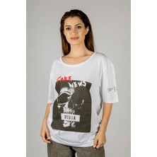 77 Woxxo Fake News Baskılı Unisex Oversize T-Shirt -Beyaz Lycralı Modal/pamuk