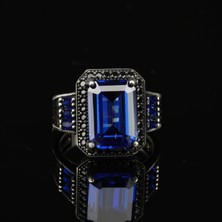 Tayfun Silver Safir Taşlı El İşi 925 Ayar Gümüş Erkek Yüzük