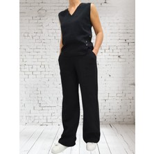 %100 Pamuk Müslin Siyah Pantolon Bluz Takım
