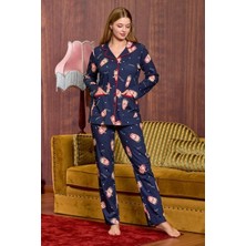 Cossy By Aqua 25040 Kadın Desenli Gömlek Yaka Önden Düğmeli Uzun Kol Pamuklu Pijama Takımı