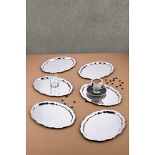 6 Adet Paslanmaz Çelik Oval Dalgalı Sade Kahve ve Sunum Tepsisi 20 cm x 25 cm