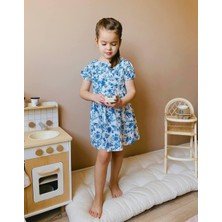 Cg Kids Mavi Çiçek Desenli Kız Çocuk Keten Elbise