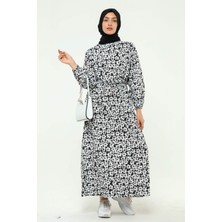 Kadın Çiçek Desenli Kemerli Kolu Büzgülü Yazlık Tesettür Elbise 5409