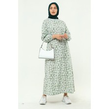 Kadın Çiçek Desenli Kemerli Kolu Büzgülü Yazlık Tesettür Elbise 5409