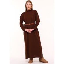 23311 Triko Sosis Yaka Basic Elbise Kahverengi