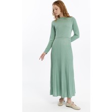 25004 Kadın Eteği Pliseli Fitilli Ince Mevsimlik Soğuk Iplik Triko Elbise Çağla Yeşili