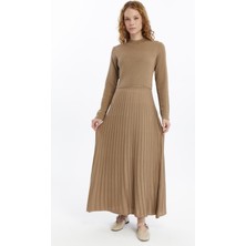 25004 Kadın Eteği Pliseli Fitilli Ince Mevsimlik Soğuk Iplik Triko Elbise Vizon