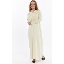 25006 Kadın Gömlek Yaka Detaylı Yarım Patlı Ince Mevsimlik Soğuk Iplik Triko Elbise Ekru