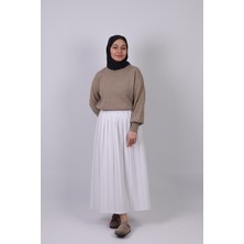 25011 Kadın Double Krep Kumaş Pliseli Etek Beyaz