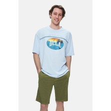 Ucla AIRE Gök Mavi Bisiklet Yaka Baskılı %100 Pamuk Oversize Erkek Tshirt