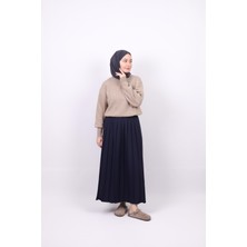 25011 Kadın Double Krep Kumaş Pliseli Etek Lacivert