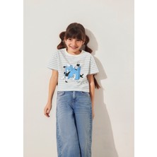 Mavi M Logo Baskılı Mavi Çizgili Ekru Tişört 7610285-83766