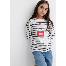 Mavi Hello Kitty Baskılı Siyah Çizgili Tişört 7610306-85308