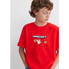 Mavi Minecraft Baskılı Kırmızı Tişört 6610343-88523
