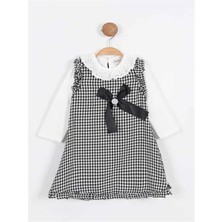  Kazayağı Desen Fiyonk Detaylı Uzun Kol Badili Kız Çocuk Elbise, Takım (3-7 Yaş)- I0720