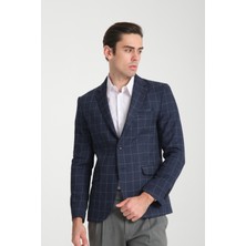Frappoli Paride Erkek Indigo Ekose Slim Fit Mono Yaka Blazer Ceket
