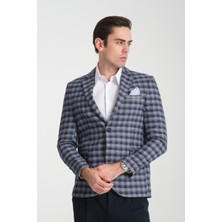 Frappoli Cabrio Erkek Lacivert-Gri Ekose Desenli Slim Fit Mono Yaka Blazer Ceket