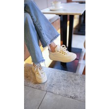 Kadın Yüksek Taban Sneaker Keten Kumaş Bağcıklı Spor Ayakkabı Hesna