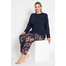 Kadın Lacivert Renkli Çiçek Desenli Uzun Kollu Pijama Takımı B-49