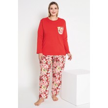 Kadın Kırmızı Renkli Çiçek Desenli Uzun Kollu Pijama Takımı B-48