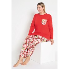 Kadın Kırmızı Renkli Çiçek Desenli Uzun Kollu Pijama Takımı B-48